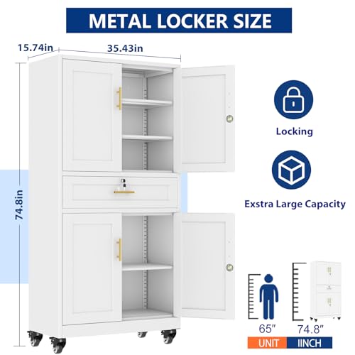 Ckzbx Metal Garage Storage Cabinets with Locking Doors and Adjustable Shelves, Tool Cabinets on Wheels, 75" H Heavy Duty Storage Organizers with Drawer for Garage Warehouse (White) Ckzbx
