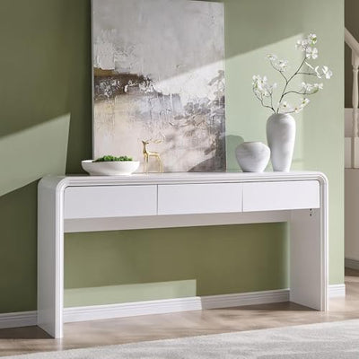 Aitjunz 63'' Console Table with 3 Drawers, Modern Entryway Table with Curved Profile Design, Narrow Long Wood Sofa Table Behind Couch Table for Living Room, Hallway, Foyer, White