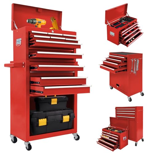 Kirmosal 13 Drawers Rolling Tool Chest with Wheels,Large Capacity Tool Storage Cabinet with Removable Top Toolbox, Locking Mechanical Tool Cart with Liner,Suitable for Garages, Warehouses-red Kirmosal