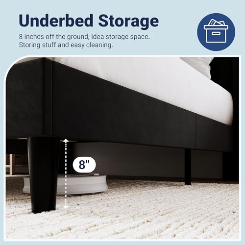 Allewie Queen Size Platform Bed Frame with Charging Station & Storage Headboard, Upholstered Velvet Wingback Design & USB Port, Strong Wooden Slats Support, No Box Spring Needed, Easy Assembly, Black Allewie