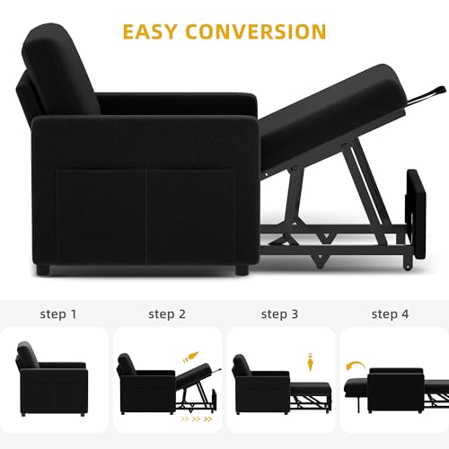 DWVO Convertible Sleeper Chair, 3-in-1 Sofa Bed with Reclining Backrest, 75" Single Sleeper Couch with Pull-Out Bed and Wide Armrest, Linen Futon Sofa for Dorm Apartment, Black DWVO