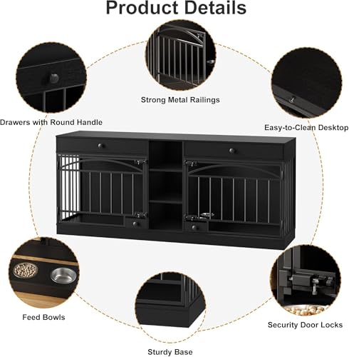 GAOMON Dog Crate Furniture for 2 Dogs, 78.7'' Large Dog Kennel Indoor with 2 Storage Drawers, 3 Shelves and Feeding Bowls, Double Dog Crate TV Stand for Small and Medium Dogs, Black GAOMON