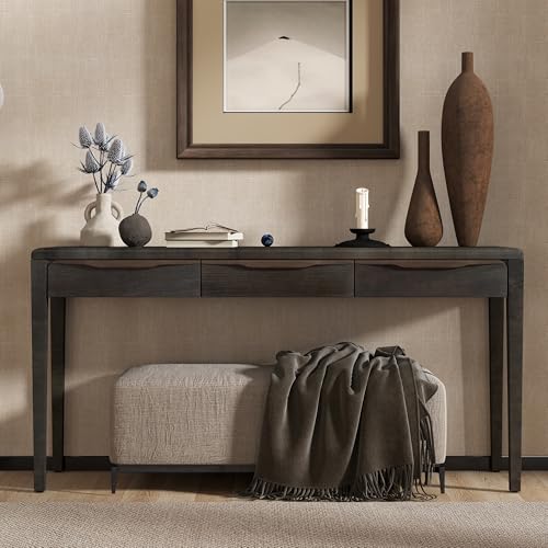 Merax 59.84'' Elegant Console Table with Oak Veneer,Light Luxury Entryway Table with 3 Drawers,Farmhouse Sofa Table with Soft-Corner Design,Suitable for Living Room, Foyer and Hallway, Black Merax