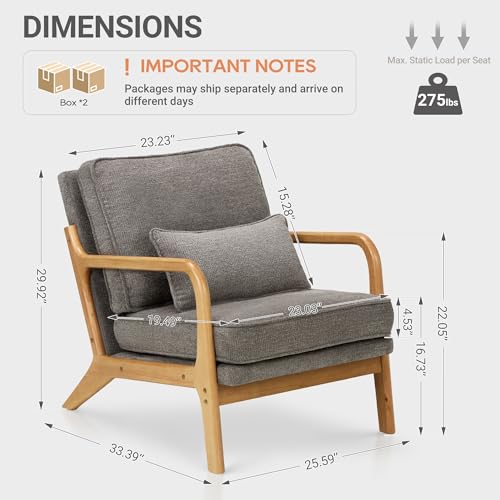 COLAMY Mid Century Modern Accent Chair Set of 2 with Lumbar Pillow, Relaxing Armchair with Solid Wood Frame & Soft Cushion, Reading Leisure Chair for Living Room,(Grey) COLAMY