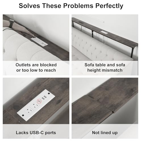 YGEOMER 79in Behind The Couch Table Skinny Adjustable Height Sofa Table with Outlet Narrow Console Table with LED Lights, Rustic Brown YGEOMER