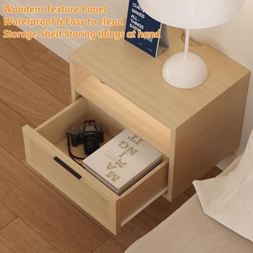 iyrany Floating Nightstand Set of 2 with Charging Station, USB Ports & Outlets, Wall Mounted Nightstands with Drawer and LED Light Strip, Small Oak Rattan Bedside Shelves iyrany