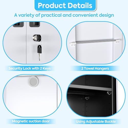 GangMei Metal Broom Closet Storage Cabinet, Garage Storage Cabinet with Wheels, Pegboard, Lockable Doors, 4 Adjustable Shelves for Garage, Home, Black and White, 71" H x 31.5" W x15.75 D GangMei