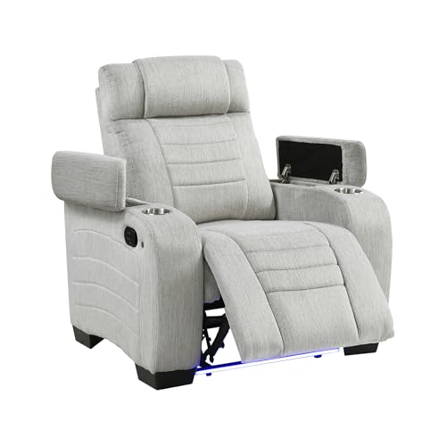 Lexicon Wall Hugger Manual Reclining Chair, Microfiber Manual Recliner with Cup Holders/Hidden Arm Storage/LED Base Lighting, Home Theater Seating for Living Room, Light Gray