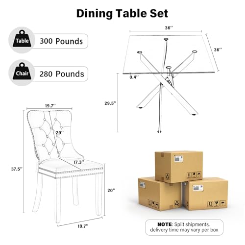 HAIZAO 5 Piece Silver Luxury Glass Dining Set, Modern Minimalist Kitchen Table Set for 4, 36'' Clear Square Glass Top Dinner Room Set, Grey High-end Tufted Chairs, for Small Place Living Room HAIZAO