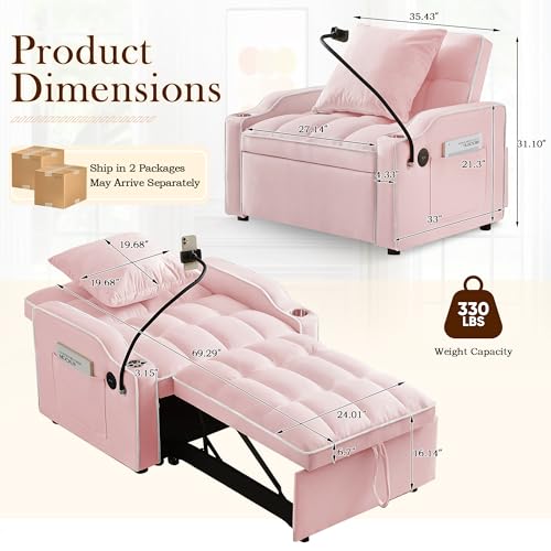 SLEERWAY 3-in-1 Convertible Futon Sofa Bed Chair, Multi-Functional Sleeper Chair Bed with Pull Out Couch and Adjustable Backrest, Modern Velvet Chaise Lounge Armchair for Living Room Bedroom, Pink SLEERWAY