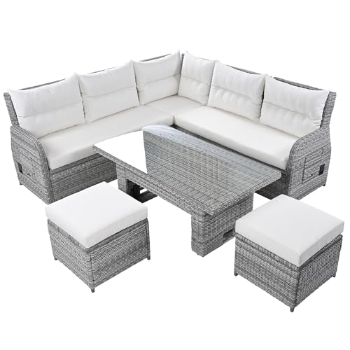 YOPTO 8-Piece Outdoor Furniture Couch Set,Rattan Patio Conversation Sectional Sofa Set with Adjustable Table,Recliners W/Extendable Side Tables & 2 Movable Ottomans,for Patio,Lawn,Backyard,Pool,Beige YOPTO
