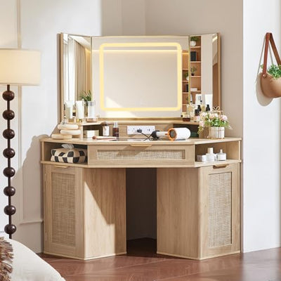 Lerliuo Corner Vanity Desk with 3 Way Mirror and Lights, 46'' Rattan Makeup Vanity with Glass Top Drawer, Natural Wood Make Up Storage Cabinets with Charger for Bedroom