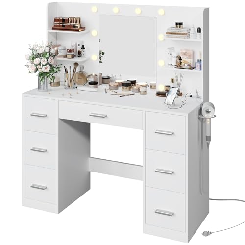 YESHOMY Vanity Desk with Mirror, Power Outlet and 10 Lights, Makeup Table with 7 Drawers, 3 Color Modes Available for Bedroom, Clear White YESHOMY
