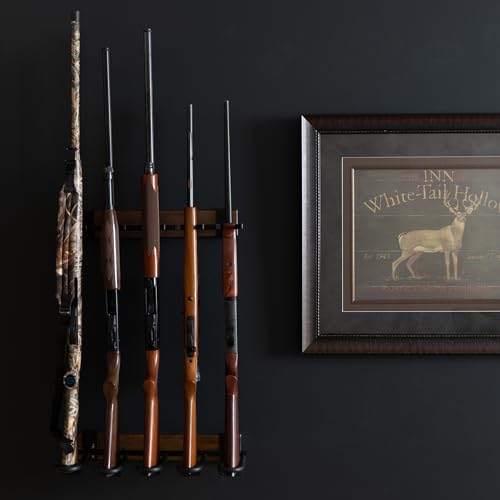 Indoor 5 Gun Rack for Wall, Rifle Rack and Shotgun Wall Mount, Rustic Wood and Solid Steel Supports up to 100 lbs, Vertical Gun Rack Wall Mount for StoreYourBoard