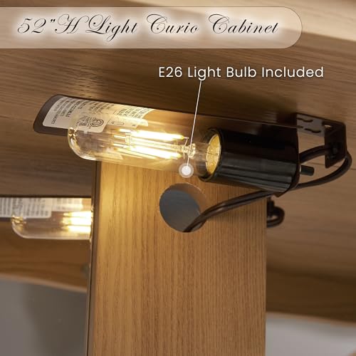 KavlSean 52" H Lighted Display Cabinet, Curio Display Case with 3-Tier Adjustable Shelves, Curio Cabinet with Tempered Glass Doors and Light Bulb, Rack for Living Room Storage (Light Oak) KavlSean