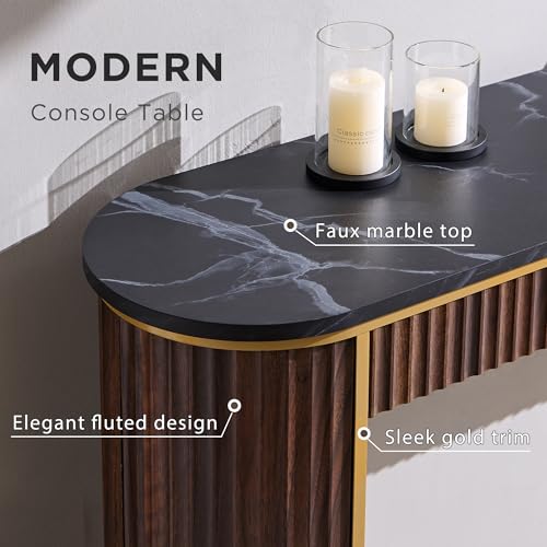 OKD Modern Fluted Console Table, 63" Long Narrow Entryway & Sofa Tables for Hallway, Tall Accent Table Behind Couch for Foyer Living Room, Dark Walnut OKD