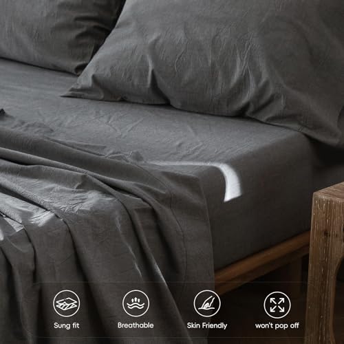 MooMee Fitted Bottom Sheet Only 100% Washed Cotton Linen Like Textured Breathable Durable Soft Comfy Deep Pocket Fits Mattress up to 17" (Dark Grey, Twin) MooMee