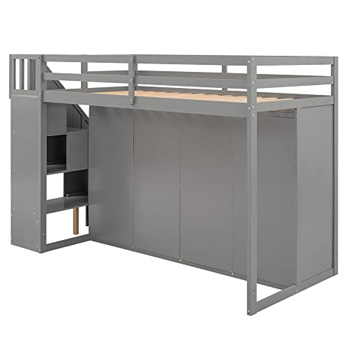Ball & Cast Twin Size Loft Bed with 3 Shelves and 2 Wardrobes,Wooden Bedframe W/ 2 Drawers & Storage Ladder,Space Saving,Slat Support,Bedroom Furniture for Student Dorms,Guest Rooms,Gray Ball & Cast