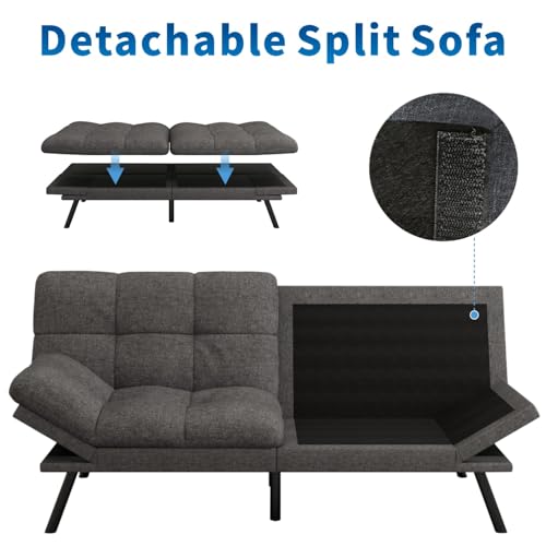 MUUEGM Futon Sofa Bed, 71" Convertible Linen Memory Foam Couch Bed, Modern Backrests Armrests Love Seat for Living Room,Apartment,Office,Charcoal Grey Sleeper Couch MUUEGM