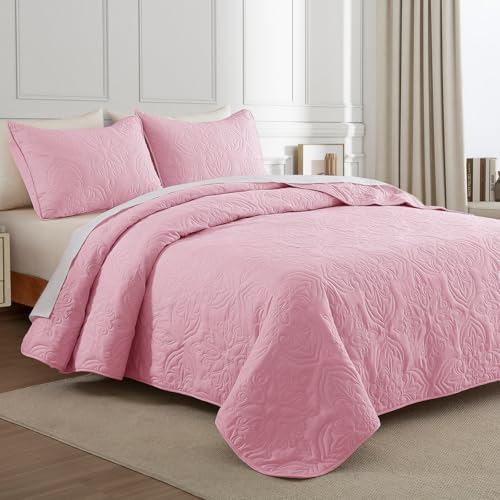 Whale Flotilla Soft Twin Quilt Bedding Set for All Seasons, Elegant Vintage Damask Ultrasonic Quilts Set, Lightweight Reversible Bedspread, Coverlet, Bed Cover with 1 Pillow Sham, Pink Whale Flotilla