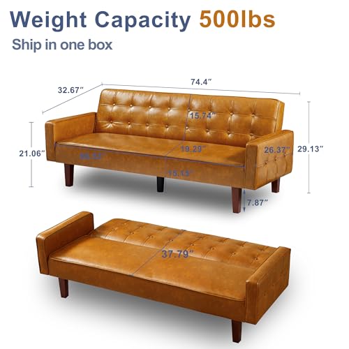 liuyouhom 74" Futon Sofa Bed, Mid Century Modern Futon Couch, Small Sofa Cama, Loveseat, Small Couches for Living Room, Office(Faux Leather, Brown)