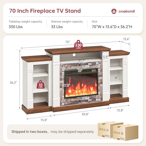 oneinmil 70" Fireplace TV Stand, Electric Fireplace with Mantel, Modern Entertainment Center with Open Storage, Remote Control, Adjustable Flame, Fire Place TV Stand for Living Room, Bedroom Oneinmil