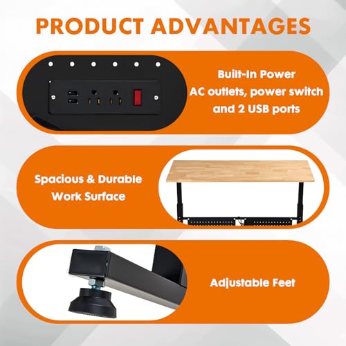 GVGBUK 48 Inch Adjustable Height Workbench, 1500 LBS Capacity Garage Work Table with Power Outlets, USB Ports & Pegboard, Solid Wood Top Work Bench for Workshop, Office, Garage GVGBUK