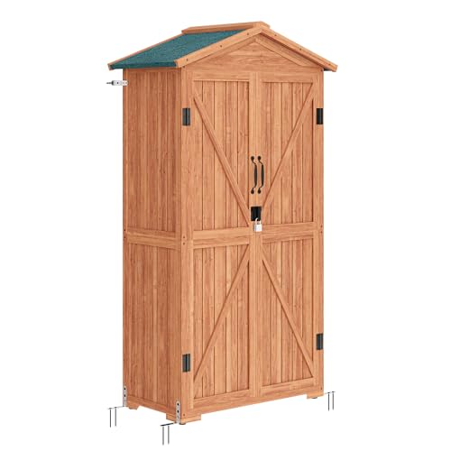 BELLEZE Outdoor Storage Shed with 4 Removeable Shelves, Wooden Garden Shed Lockable Tool Cabinet with Waterproof Roof, Outside Tall Tool Shed for Patio Backyard Lawn Yard - Wood BELLEZE