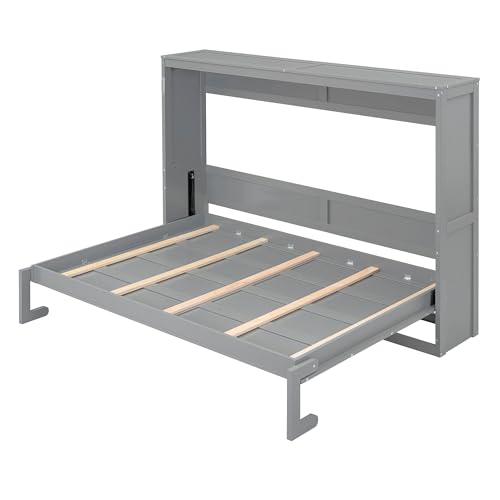 Merax Modern Farmhouse Solid Wood Murphy Cabinet Bed, No Box Spring Needed/Easy Assemble/Queen,Gray Merax