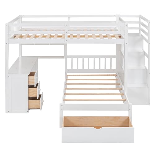 Harper & Bright Designs Full Over Twin Bunk Bed with Stairs, Storage Drawers, Full Size Loft Bed Frame with Desk and Shelves, White Harper & Bright Designs