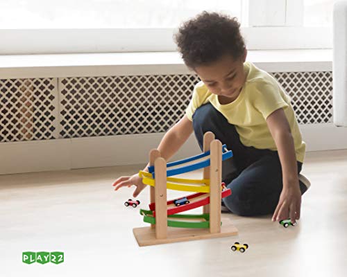 Play22 Wooden Car Ramps Race - 4 Level Toy Car Ramp Race Track Includes 4 Wooden Toy Cars - My First Baby Toys - Toddler Race Car Ramp Toy Set is A Great Gift for Boys and Girls - Original by Play22 Play22
