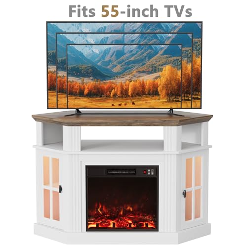 Furmax Fireplace Corner TV Stand for Up to 55 Inch, Modern Console with 18 Inch Electric Fireplace, Entertainment Center with Open Shelf and Storage Cabinets for Living Room (LED Antique White) Furmax