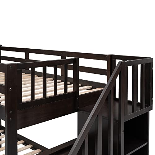 Ball & Cast Twin Over Full Bunk Bed with Storage Ladder and Full-Length Guardrails,Wooden Bunkbed w/Slat Support & into Two Individual Beds,Bedframe Furniture for Student Dorms,Guest Rooms,Espresso Ball & Cast