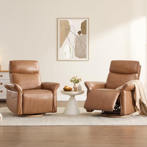 CHITA Genuine Leather Power Recliner Chair, Electric Triple-Motor Swivel Glider Nursery Rocking Chair with Adjustable Power Headrest and Lumbar Support, GREENGARD Gold Certified, Saddle Brown