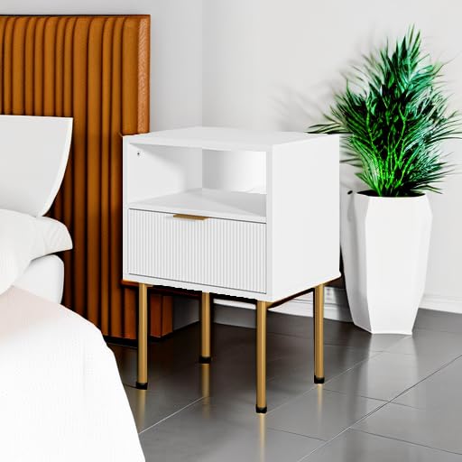 AEPOALUA Nightstand,Modern Bedside Table with Gold Frame,White Night Stand,Bedside Furniture,Small End Table with Drawer and Shelf for Bedroom,Living Room AEPOALUA