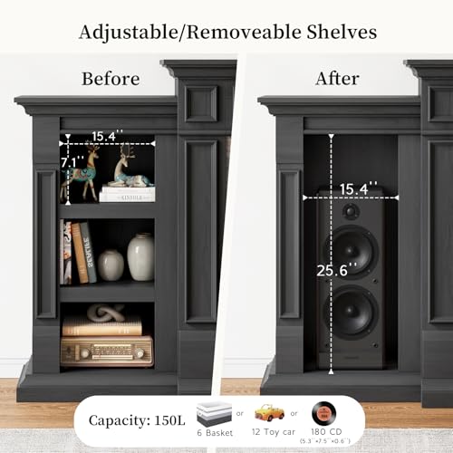 80" Fireplace TV Stand, Electric Fireplace with Mantel for TVs Up to 90 Inch, Modern Entertainment Center with Storage, Realistic Stacked Stone Surround with 30'' Fireplace for Living Room, Black HolliWill