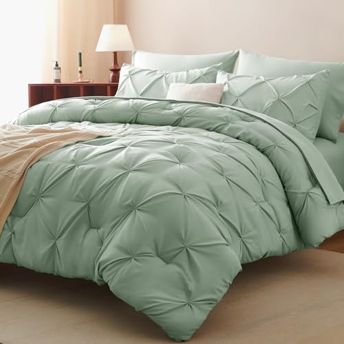 CozyLux Twin Comforter Set with Sheets Sage Green, 5 Pieces Pintuck Bed in A Bag, Twin Bed Set Gift for Family, Pinch Pleat Bedding Set with Comforter, Sheets, Pillowcase & Sham CozyLux