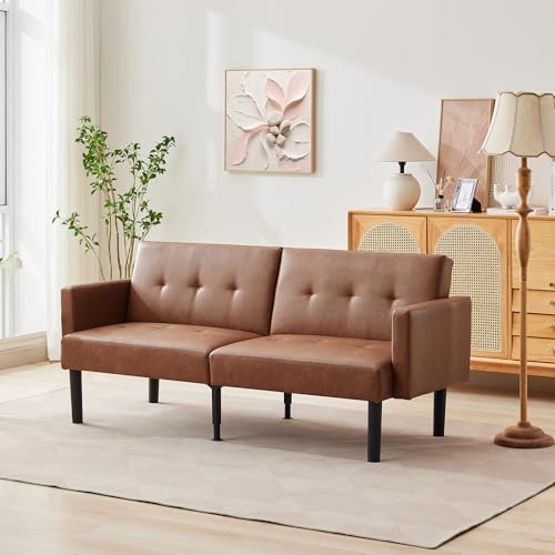 75.5” Convertible Futon Sofa Bed, PU Leather Small Couch Sofa with Wood Legs & 700lbs Capacity, Adjustable Folding Loveseat, Mid Century Modern Futon Couch, Cozy Couches for Living Room - Brown Amenitlif