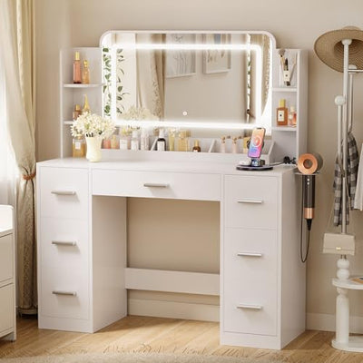 Furmax Vanity Desk with Mirror with LED Light Strip, Makeup Vanity with 2 AC Outlets and1 USB&1 Type-C Port, 3 Modes Adjustable Lighting Mirror, Modern Ample Storage Drawers Dressing Table, White