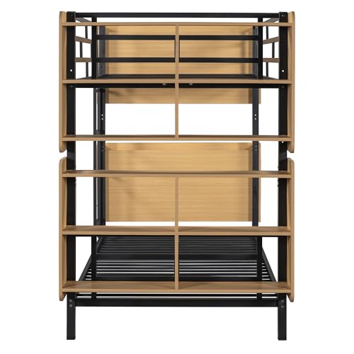 YOPTO Twin Over Twin Size Metal Bunk Bed with Ladder and Full-Length Guardrail,Modern Bunkbeds W/Storage Headboard and Foot Shelving,No Box Spring Needed,2 Assembly Options,for Teens,Bedroom,Black YOPTO