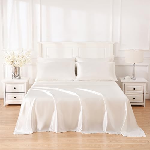 Sleeplite 4 Piece Luxury Satin Bed Sheets Set with Pillowcases - Ultra Soft & Silky, Hypoallergenic & Wrinkle-Free, Hotel Quality Comfort Bedding, Size Full, Snow White Sleeplite