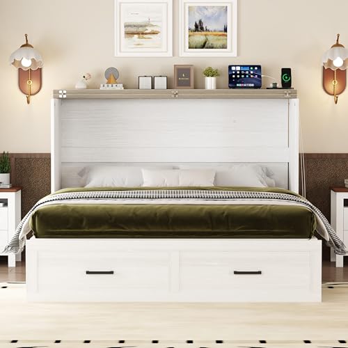 Harper & Bright Designs Queen Size Murphy Cabinet Bed with Charging Station & Storage Drawer, Farmhouse Style Wall Bed Folds into Cabinet, White