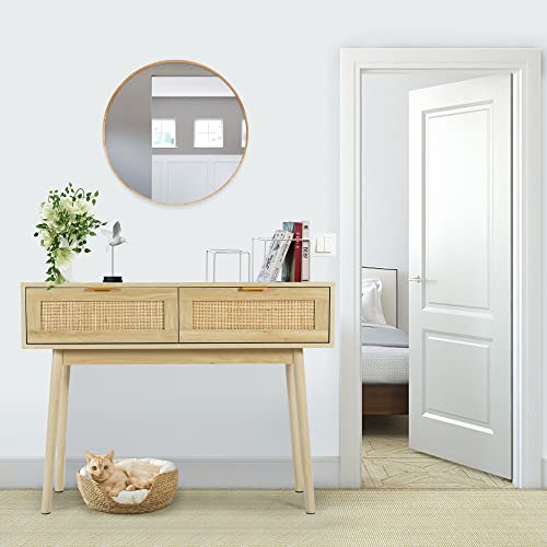 HOPUBUY Console Table Rattan Desk with Drawers, Oak Narrow Sofa Table with Pine Leg, Modern Small Entryway Table for Hallway and Living Room, 39" Rustic Natural HOPUBUY