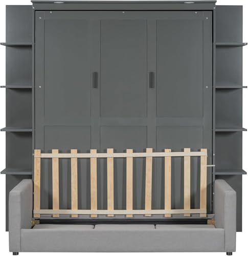 Queen Murphy Bed with Couch and Storage Shelves,Wood Murphy Wall Bed Cabinet with Storage Shelves and Sofa,Folding(Grey) Virubi