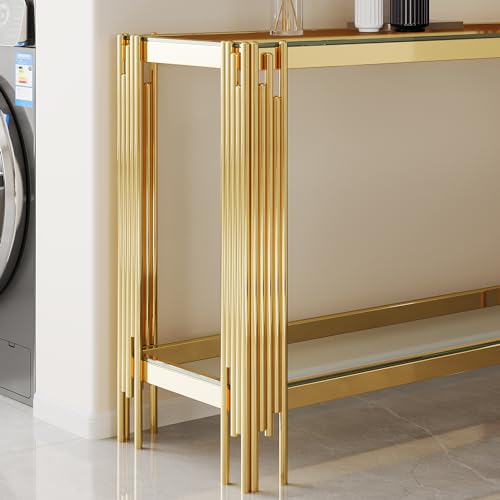 HomVent Rectangular Glass Console Table, Modern Side Sofa Table w/2 Layer Tempered Glass Living Room Table and Mirror Finished Stainless Steel Frame for Living Room Office (Gold, Console Table) HomVent