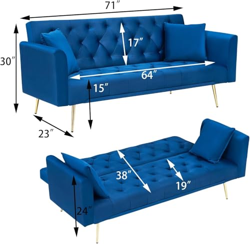Majnesvon 71" Convertible Folding Sleeper Sofa Couch,Modern Velvet Loveseat Sleeper with 2 Pillows, Futon Sofa Bed with Mattress and Frame for Living Room,Bedroom,Small Space (Blue) Majnesvon