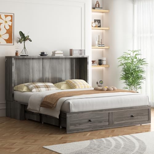 PUREMIND Cabinet Bed - Queen Murphy Bed with Mattress Included - Murphy Bed Queen with Storage Drawers, USB Charging Station, Headboard, Space Saving Wallbed for Guest Room and Small Space PUREMIND