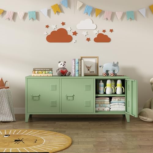MIOCASA Metal Storage Cabinet,3 Door TV Stand, Metal TV Cabinet with Storage Locker,Low Corner Cabinet with Handles and Shelf for Home,Office(Green) MIOCASA