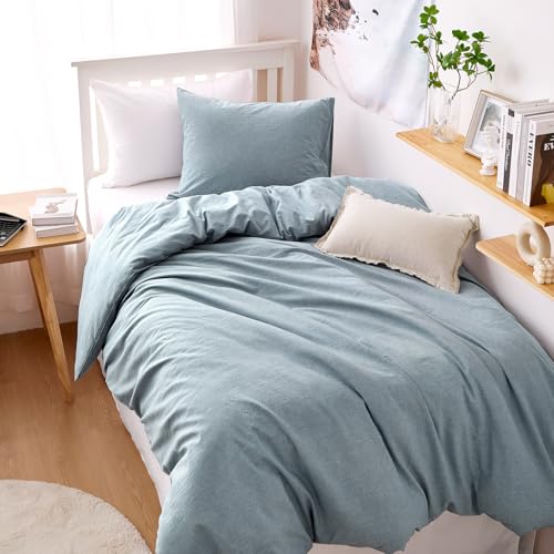 Wake In Cloud - Cotton Duvet Cover Set, Twin Size, Light Denim Blue, 100% Washed Cotton, Linen Like Textured, Breathable Percale Durable Comfy Farmhouse Neutral Bedding Set, 3 Pieces Wake In Cloud