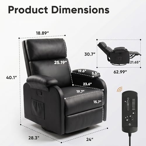 Flamaker Rocking Chair for Nursery, 360 Swivel Rocker Recliner with Vibration Massage, PU Leather, Adjustable Backrest, for Living Room, Bedroom (Black)